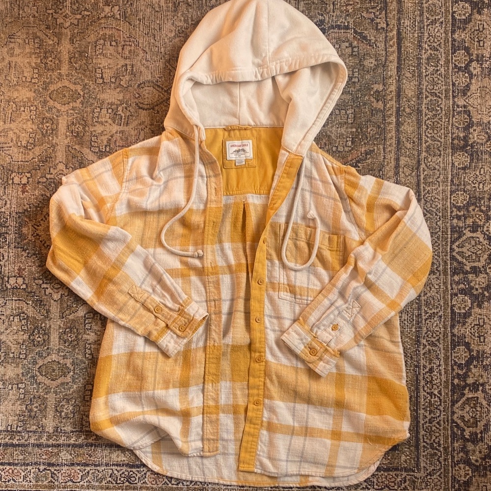 American Eagle Outfitters Yellow & Cream Plaid Hooded Button-Down Shirt
